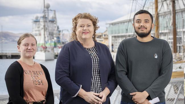 Hobart Climate Assembly members Chloe Holley and Rahat with Hobart City Council Lord Mayor Anna Reynolds. Picture: Chris Kidd