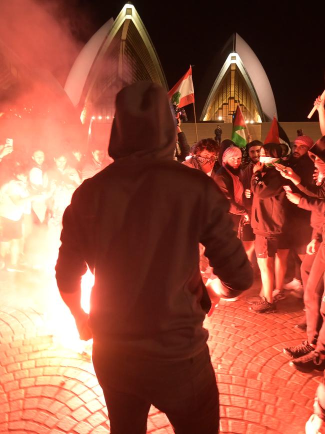 Pro-Palestinian protests on the forecourt of The Sydney Opera House following the recent outbreak of war between Israel and Palestine. Picture: NCA NewsWire / Jeremy Piper