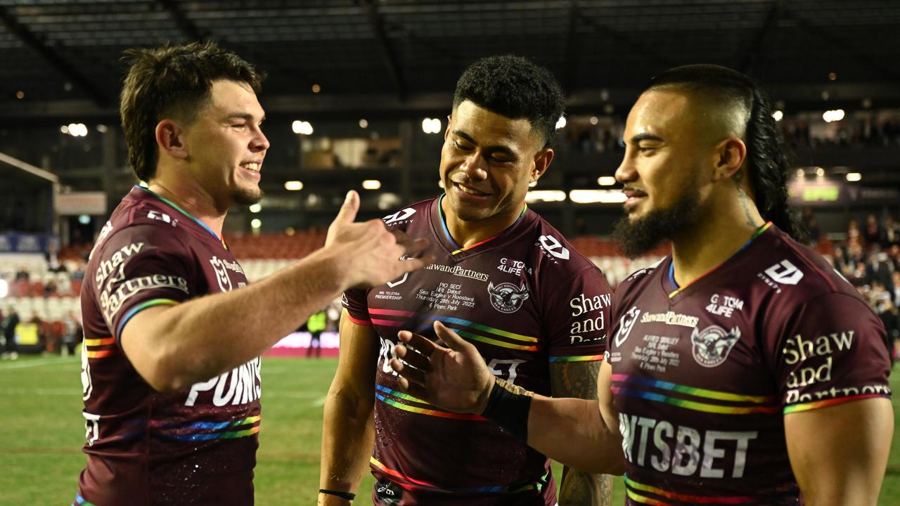 Manly first gamers Zac Fulton, Pio Seci and Alfred Smalley. Picture: NRL Photos