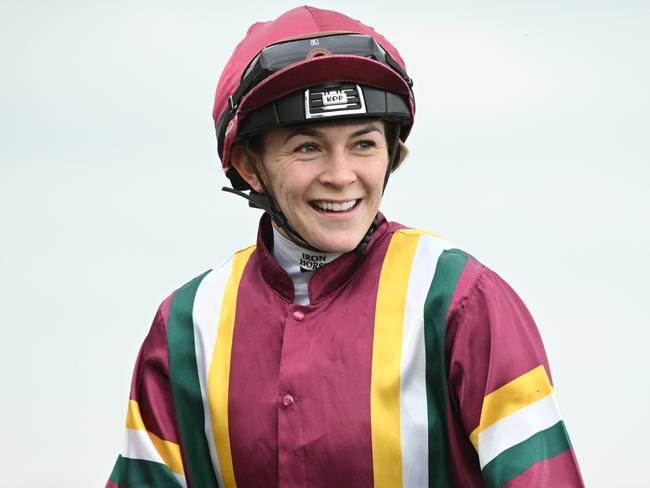 MELBOURNE, AUSTRALIA - AUGUST 03: Celine Gaudray after riding Gentleman Roy to win Race 8, the Flemington Kentucky Bluegrass Handicap - Betting Odds during Melbourne Racing at Flemington Racecourse on August 03, 2024 in Melbourne, Australia. (Photo by Vince Caligiuri/Getty Images)