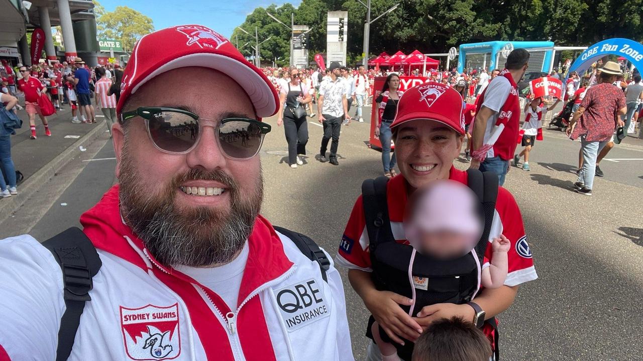 Twitter user @brendenfingers and his family at thw Swans Round 2, 2023 clash against Hawthorn at the Sydney Cricket Ground.