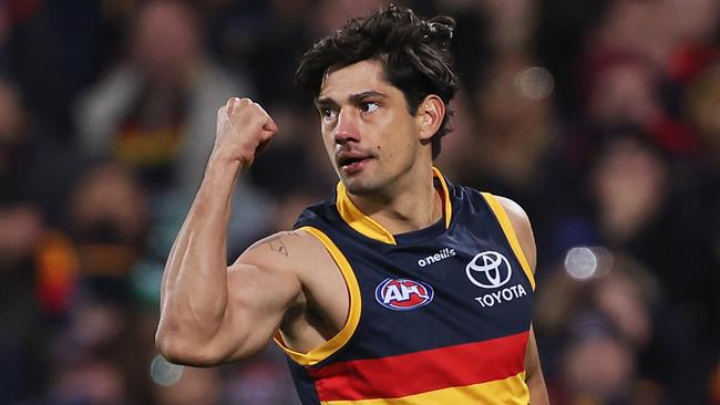 ADELAIDE, AUSTRALIA - JULY 15: Shane McAdam of the Crows celebrates a goal during the 2023 AFL Round 18 match between the Adelaide Crows and the GWS Giants at Adelaide Oval on July 15, 2023 in Adelaide, Australia. (Photo by James Elsby/AFL Photos via Getty Images)
