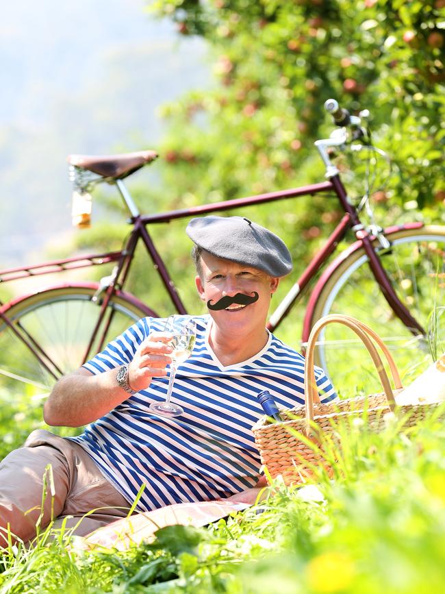 Premier Will Hodgman dressed up for Le Weekend a new French inspired festival to be held in Cygnet. Picture: SAM ROSEWARNE Credit: Willie Smith's Cider for the location at their orchard Myer for the t-shirt: Blaq blue stripe t-shirt Bike Ride Hobart - provided the vintage bike.