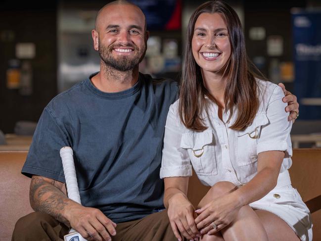 Adelaide Strikers cricketer Jake Weatherald with his wife, Rachel in Adelaide CBD. Pictured on December 18th 2024. Picture: Ben Clark.