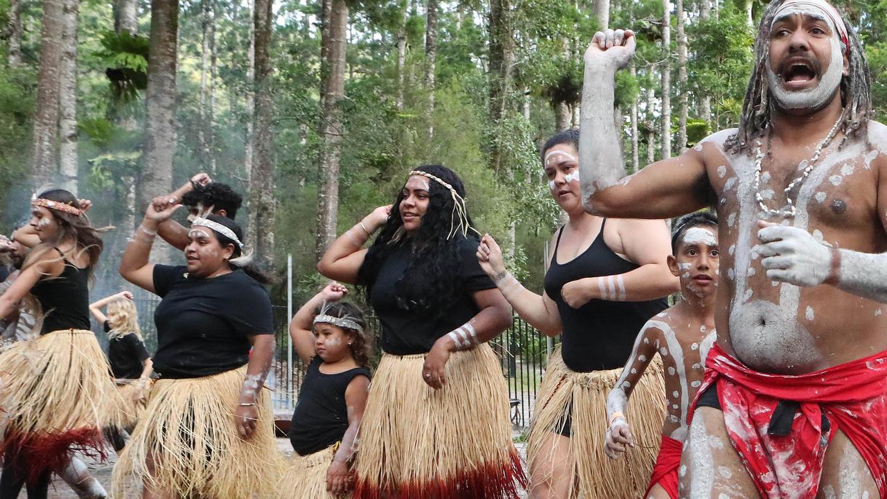 Butchulla dancers at the renaming ceremony of Fraser Island back to its original name of K’gari. Picture: Liam Kidston.