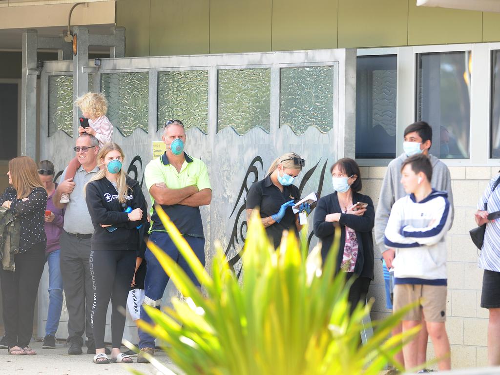People lined up at the Brown Plains community health centre for tests. Picture: NewsWire / John Gass