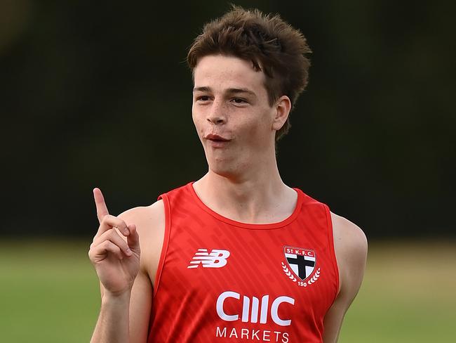 Mattaes Phillipou celebrates kicking a goal at training. Picture: Quinn Rooney/Getty Images