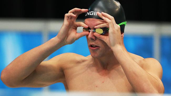 16 year old Kyle Chalmers ahead of 50m freestyle heat during Australian Swimmining Championships at Sydney Olympic Park Aquatic Centre. pic. Phil Hillyard