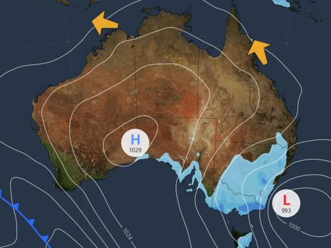 A wintry blast is continuing to bring cold weather and gusty winds to south eastern parts of the country. Picture: Bureau of Meteorology.