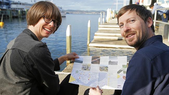 Architects Anna Gilby and Ross Brewin in Hobart after opening an exhibition of ideas to reinvigorate the struggling former timber town of Triabunna. Picture: Richard Jupe