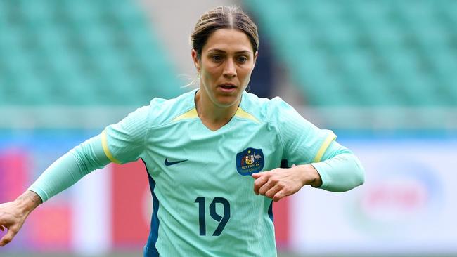 TASHKENT, UZBEKISTAN - FEBRUARY 24: Katrina Gorry of Australia runs with the ball during the AFC Women's Paris 2024 Olympic Qualifier Round 3 match between Uzbekistan and Australia Matildas at Milliy Stadium on February 24, 2024 in Tashkent, Uzbekistan. (Photo by Tolib Kosimov/Getty Images)