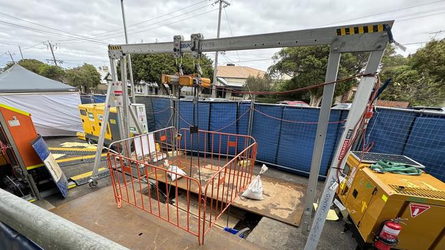 Underground works conducted by Barwon Water to clear a sewer blockage outside 189 Bellerine St in South Geelong. Picture: Alison Wynd