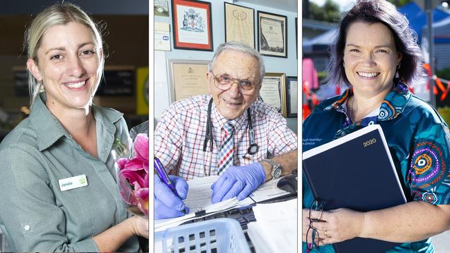 Janelle Weeks, Dr Peter Marendy and Rachelle Call are working on the front lines during the COVID-19 pandemic. PHOTOS: Renae Droop/AAP