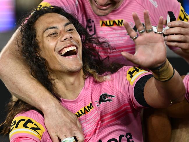 Luai with his four premiership rings after the 2024 Grand Final win over Melbourne Storm. Picture: Quinn Rooney/Getty Images