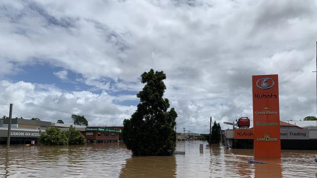 Flood water fills a Kubota dealership on Conway Street on March 1, 2022, a day after Lismore was hit by a record flood. Picture: Stuart Cumming