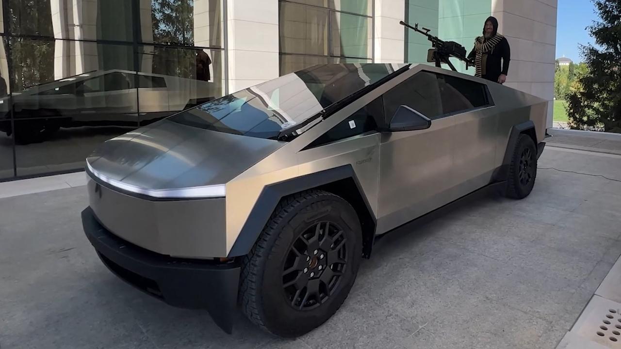 Kadyrov standing atop a gun-mounted Tesla Cybertruck in Grozny, Chechnya. Picture: Handout/Telegram/@rkadyrov_95/AFP