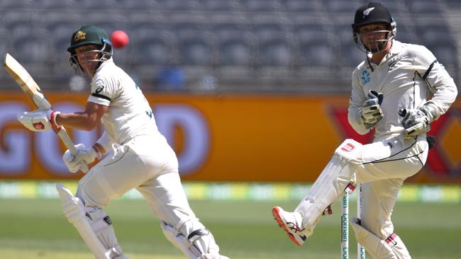 New Zealand wicketkeeper BJ Watling looks on as David Warner gets an edge safely away for runs. Picture: AAP