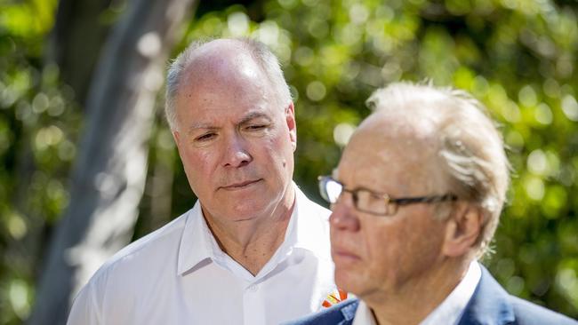 GOLDOC CEO Mark Peters and Gold Coast 2018 Commonwealth Games Corporation Chairman Peter Beattie talking to the media post Commonwealth Games Picture: Jerad Williams