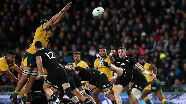 All Blacks half TJ Perenara puts up a box kick the ball against the Wallabies in The Rugby Championship at Eden Park last year. Picture: Getty Images