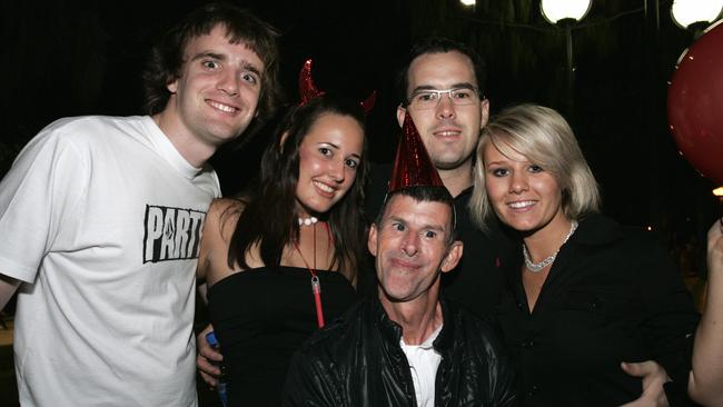 John Grinshaw, Hailey Brady, Greg Egan, Colin Thomsen and Melissa Bowen celebrate New Year’s Eve at Mooloolaba in 2005. Picture: Brett Wortman.