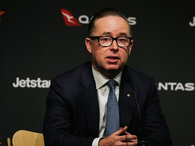 SYDNEY, AUSTRALIA - Newswire Photos -MAY 02 2023: CEO Alan Joyce is joined by Qantas Group Chairman Richard Goyder and CEO designate and Chief Financial Officer Vanessa Hudson on the CEO succession plan announced today during a press conference at Qantas HQ in Sydney. Picture: NCA Newswire / Gaye Gerard