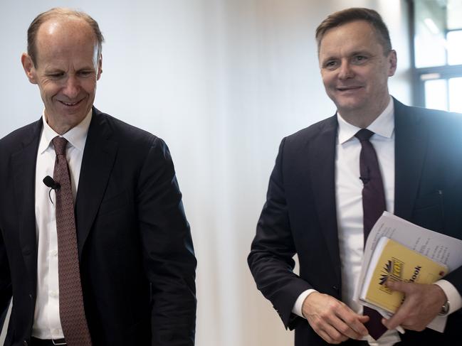 Monday 18th July 2022.  ANZ's CEO Shayne Elliott and Chairman Paul O'Sullivan announces it aquires Suncorp Bank in Brisbane with Suncorp's CEO Steve Johnston and Suncorp Chair,  Christine McLoughlin.Photograph by Arsineh Houspian