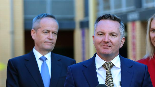 NEWS2019ELECTION 13/5/2019. DAY 33Opposition Leader Bill Shorten and Chris Bowen holding a press conference while visiting St Joseph's Catholic College in East Gosford.Picture Kym Smith