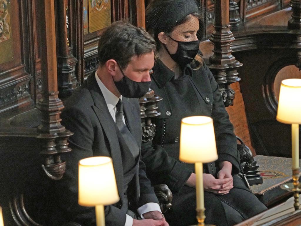 Princess Eugenie of York and Jack Brooksbank attend the funeral of Prince Philip. They were seen driving away from Windsor Castle the following day. Picture: WPA Pool/Getty Images