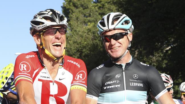 Tour Down Under 2011 Cancer Council Classic race around Rymill Park, Adelaide. Lance Armstrong and Stuart O'Grady at the start line. Picture: Sarah Reed