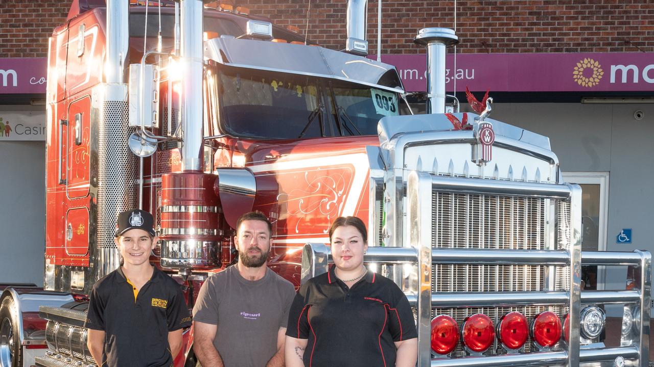 Luke Wilson of Bulmers Transport (centre) with his daughter Olivia and friend’s son Angus at the Casino Truck Show. Picture: Adam Hourigan