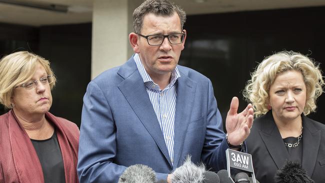 Victorian Premier Daniel Andrews announcing the royal commission earlier this month, with Police Minister Lisa Neville, left, and Attorney-General Jill Hennessy. Picture: AAP