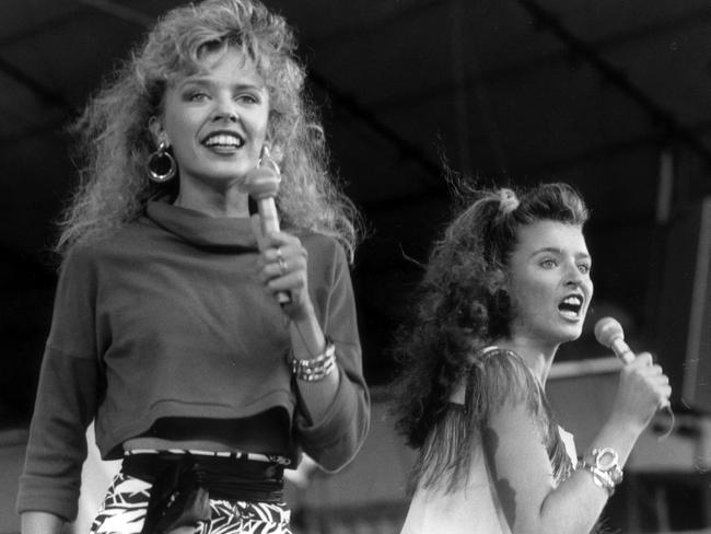 Performing together ... Kylie Minogue and Dannii perform in the 1980s. Picture: Supplied.