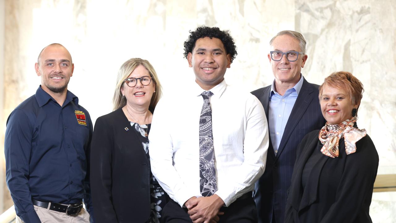 Anthony Mitchell from Clontarf Foundation, Penny Fowler the Foxtel Community Ambassador, Hisanori Doi a former student, Patrick Delany the Foxtel Group CEO, Jeanette Craigie the Parent of current Clontarf student, Penny Fowler. Photo Steve Pohlner