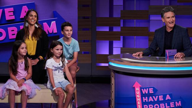 Dave Hughes with wife Holly and children Tess, Sadie and Rafferty on Hughesy, We have A Problem. Picture: Channel 10 