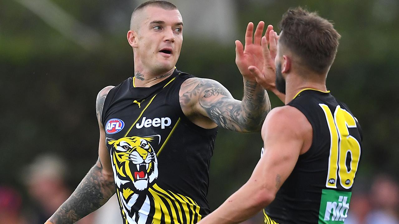 Dustin Martin celebrates a goal for the Tigers. Picture: Getty Images 