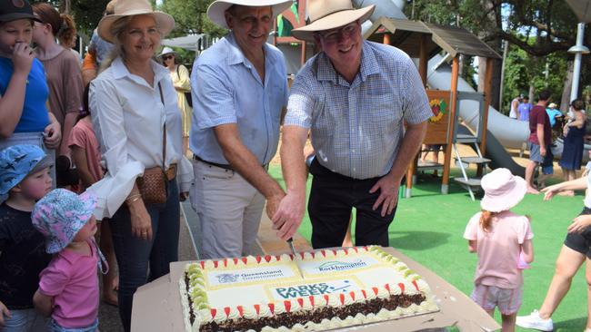 Councillor Cherie Rutherford, mayor Tony Williams and Member for Rockhampton Barry O’Rourke at the redeveloped playground at Rockhampton Botanic Gardens on March 11, 2023. Picture: Aden Stokes