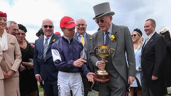 Kerrin McEvoy and Lloyd Williams celebrate Almandin’s Cup win. Picture: Ian Currie