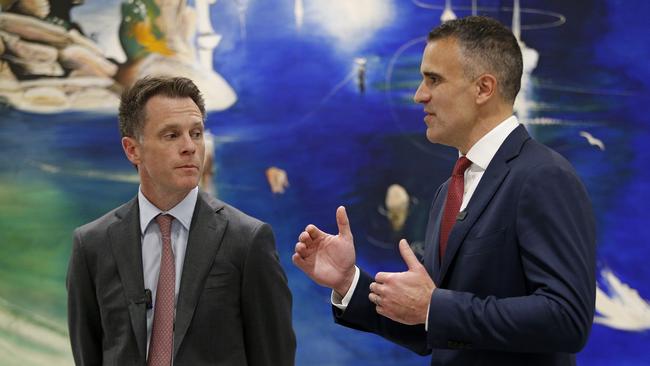 NSW Premier Chris Minns with SA Premier Peter Malinauskas at day one of the Social Media Summit in Sydney. Picture: NewsWire / John Appleyard