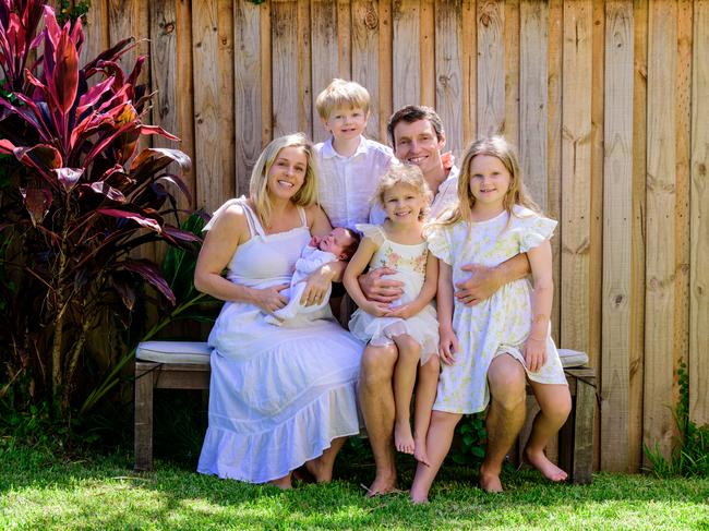 The Williams family in Mona Vale. Left to right: Alex Williams, six-day-old daughter Aurora, 3-year-old James, 5-year-old Abigail, husband Richard Williams, and 7-year-old Imogen. Picture: Emilio Begali