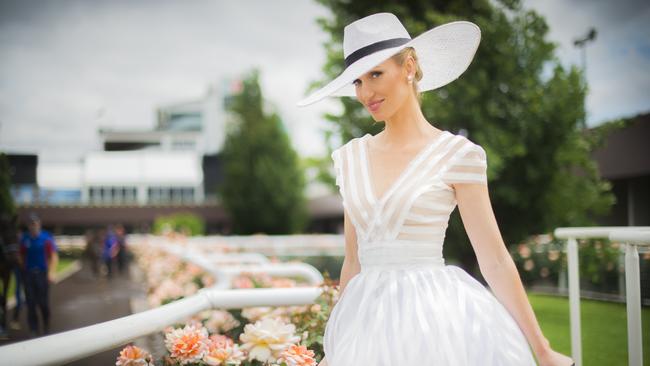 Lindsay ridings in a dress she made for Derby Day at Flemington, 2015. Picture: Jason Edwards