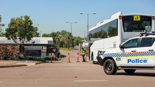 Passengers from Qantas flight QF112 are transported to the Howard Springs quarantine facility on-board waiting buses. The flight from New Delhi is the first repatriation flight for Australians who have been stranded in India following the lifting of the federal government's ban. Picture: Steven Hoare/Getty Images