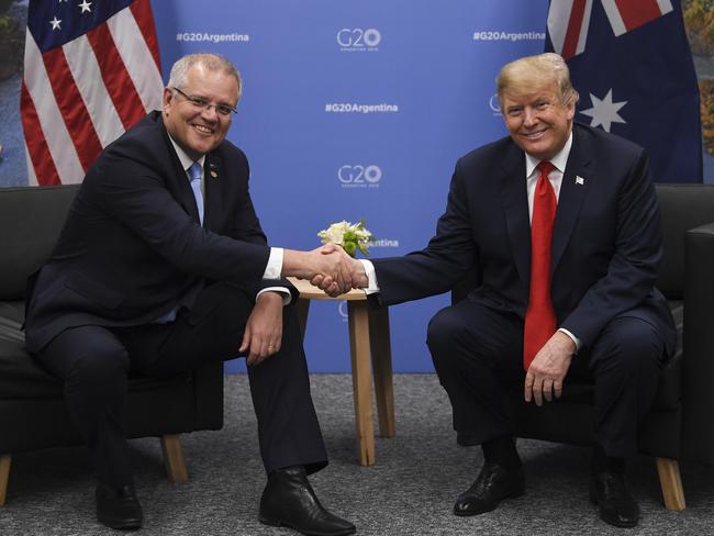 Scott Morrison shakes hands during a meeting with US President Donald Trump. Picture: Lukas Coch