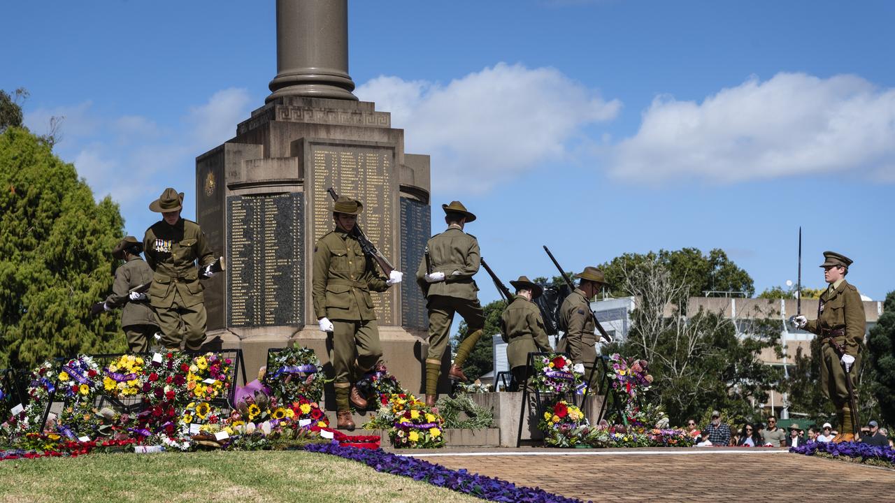 The changing of the Toowoomba Grammar School Honour Guard at the Anzac Day Toowoomba mid-morning Service of Remembrance at the Mothers' Memorial, Tuesday, April 25, 2023. Picture: Kevin Farmer