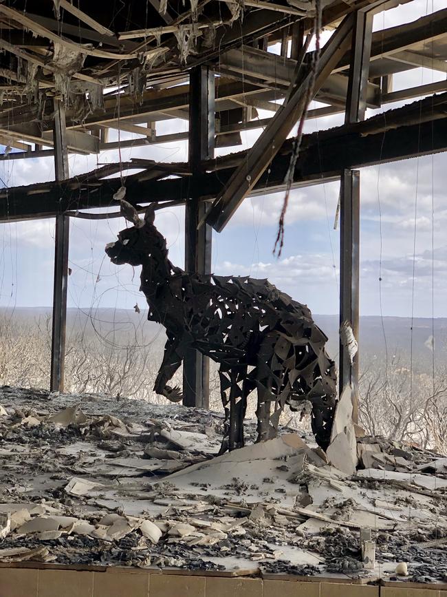 The charred large kangaroo sculpture made from metal farm equipment that sat in the main lobby of Southern Ocean Lodge.