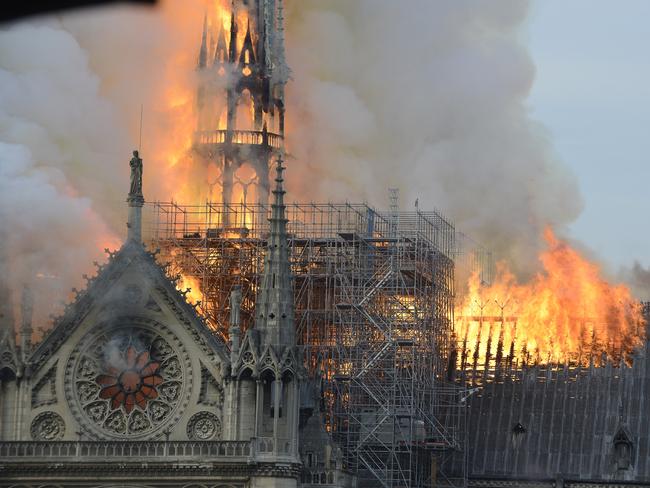 Fire rages through the iconic Notre-Dame Cathedral on April 15, 2019 in Paris, France. (Photo by Philippe Wang/Getty Images)