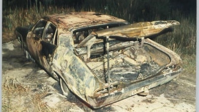 The burnt out Ford Falcon that Brown was found inside of at Bulli Tops on April 2, 1984.