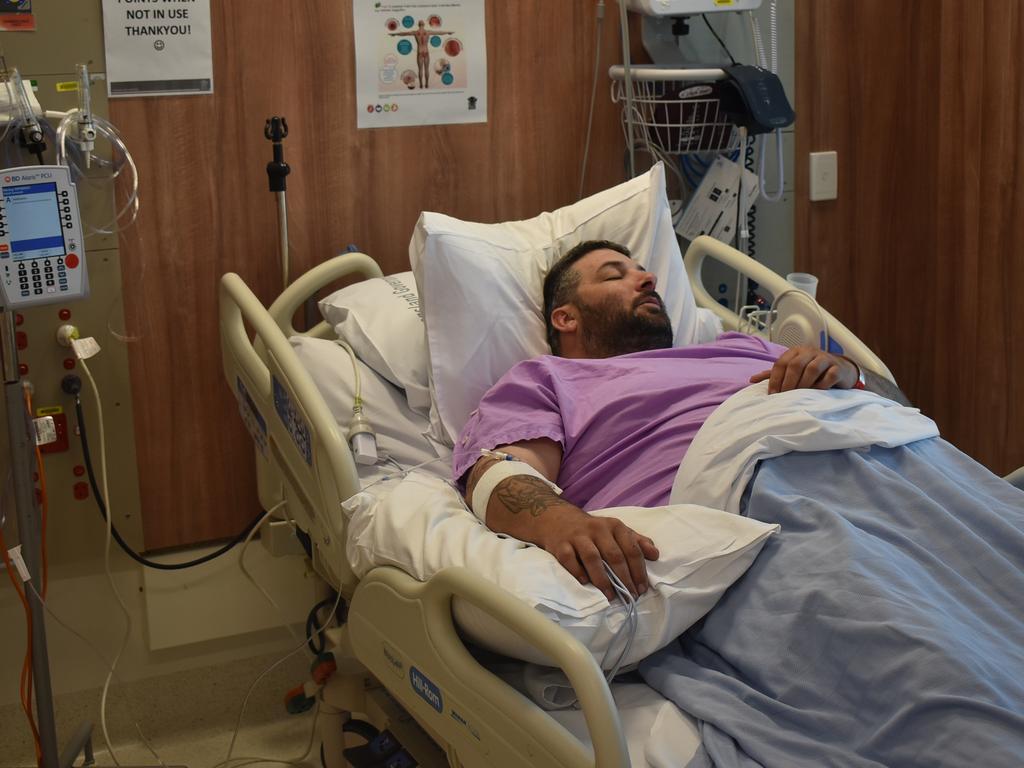 Nicholas Amos in Mackay Base Hospital after heroically intervening in a carjacking gone wrong outside Walkerston's O'Shea's pub on September 4, 2021. Picture: Lillian Watkins