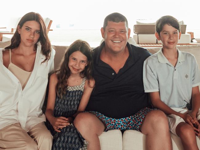 Australian billionaire businessman James Packer with his children Indigo (from left), Emmanuelle and Jackson at their luxurious mansion in Mexico. Picture: Ana Badillo