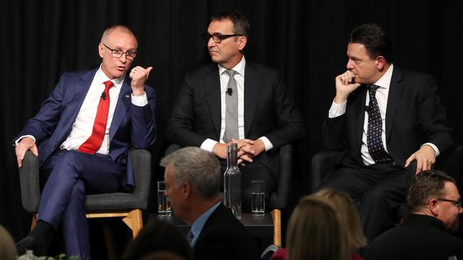 Premier Jay Weatherill, Liberal Leader Steven Marshall and SA Best Leader Nick Xenophon at the SA Press Club. Picture: Calum Robertson