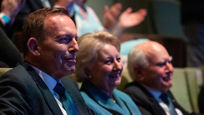 John Howard, right, Janette Howard, centre, and Tony Abbott, left, at the launch. Picture: Jason Edwards